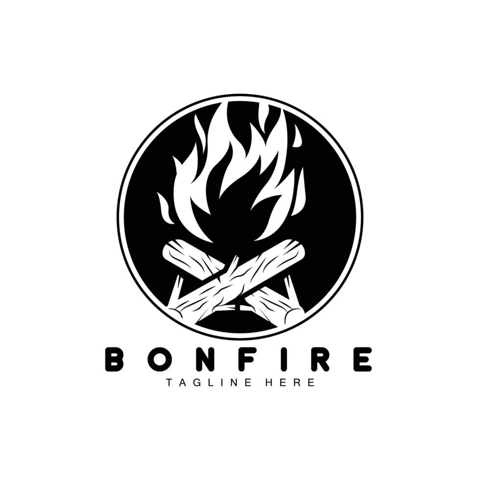 diseño de logotipo de fogata, vector de camping, fuego de madera y diseño forestal