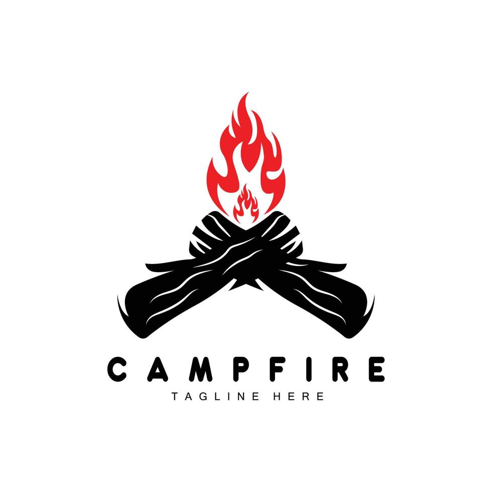 diseño de logotipo de fogata, vector de camping, fuego de madera y diseño forestal