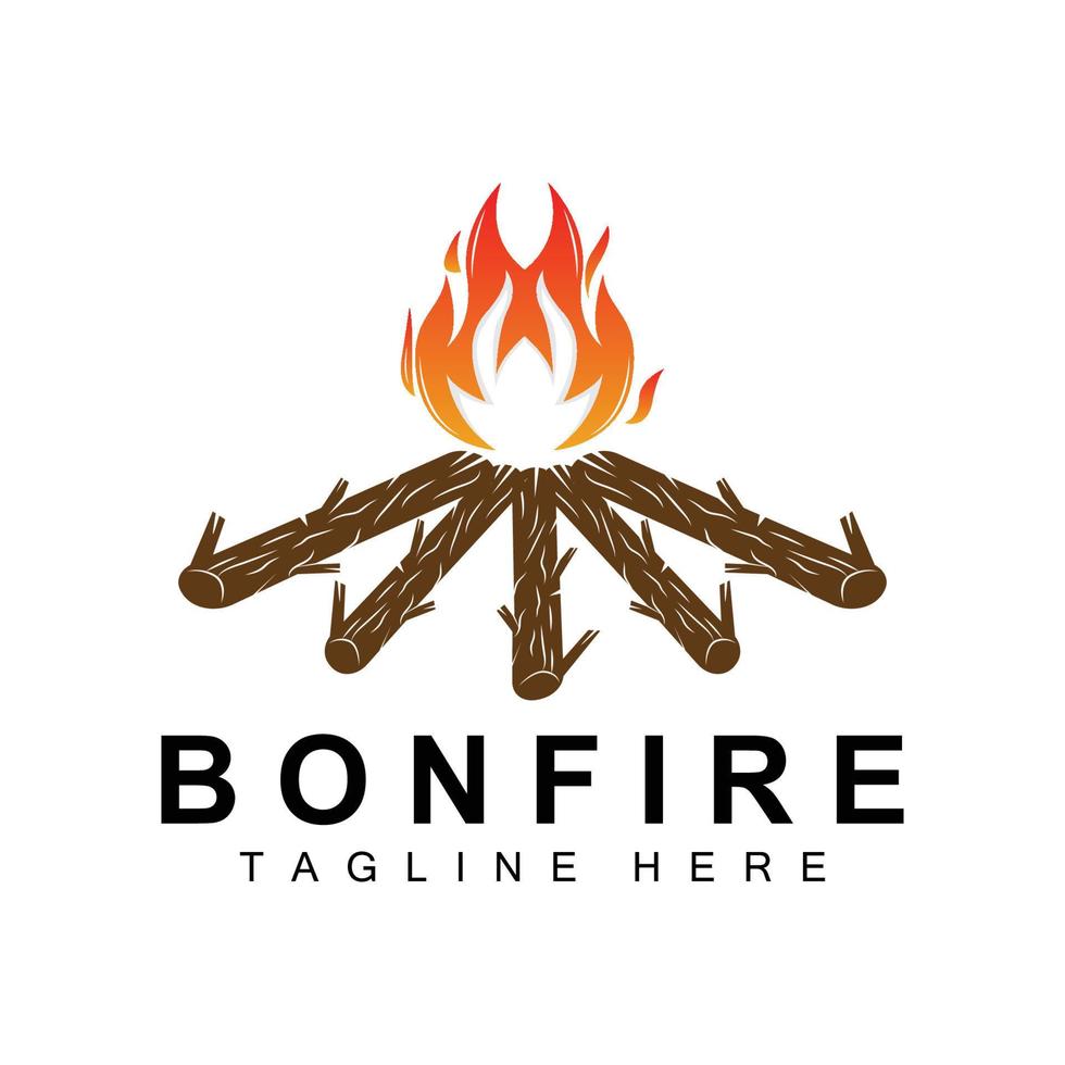 diseño de logotipo de fogata, vector de camping, fuego de madera y diseño forestal