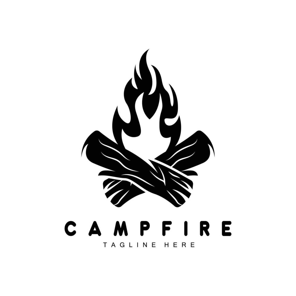 diseño de logotipo de fogata, vector de camping, fuego de madera y diseño forestal