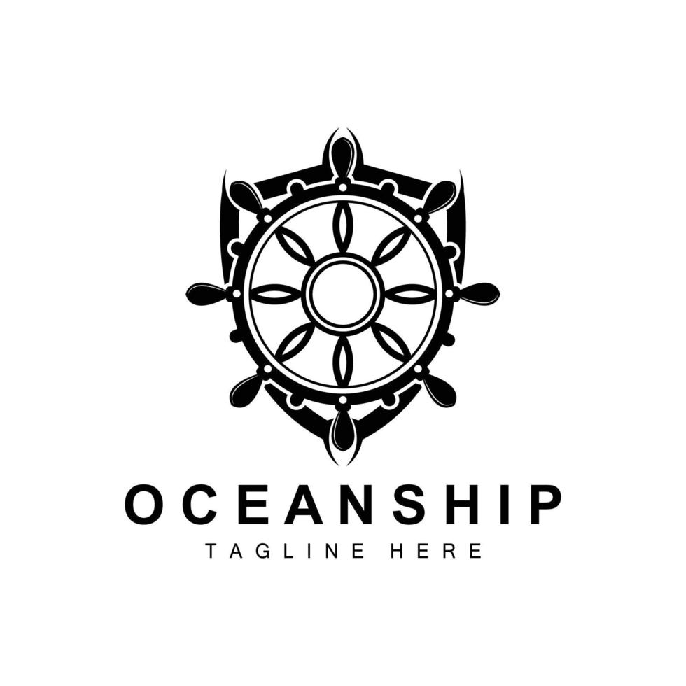 Ship Steering Logo, Ocean Icons Ship Steering Vector With Ocean Waves, Sailboat Anchor And Rope, Company Brand Sailing Design