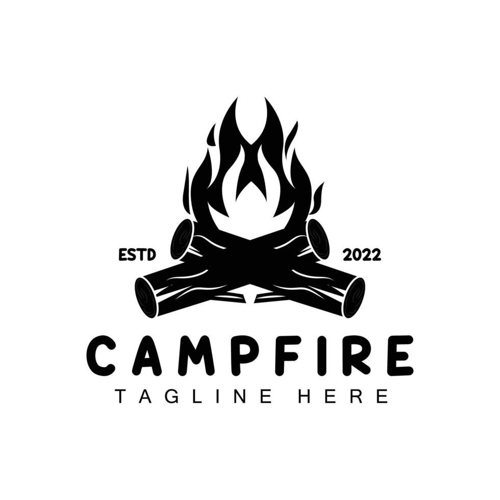 diseño de logotipo de fogata, vector de camping, fuego de madera y diseño forestal