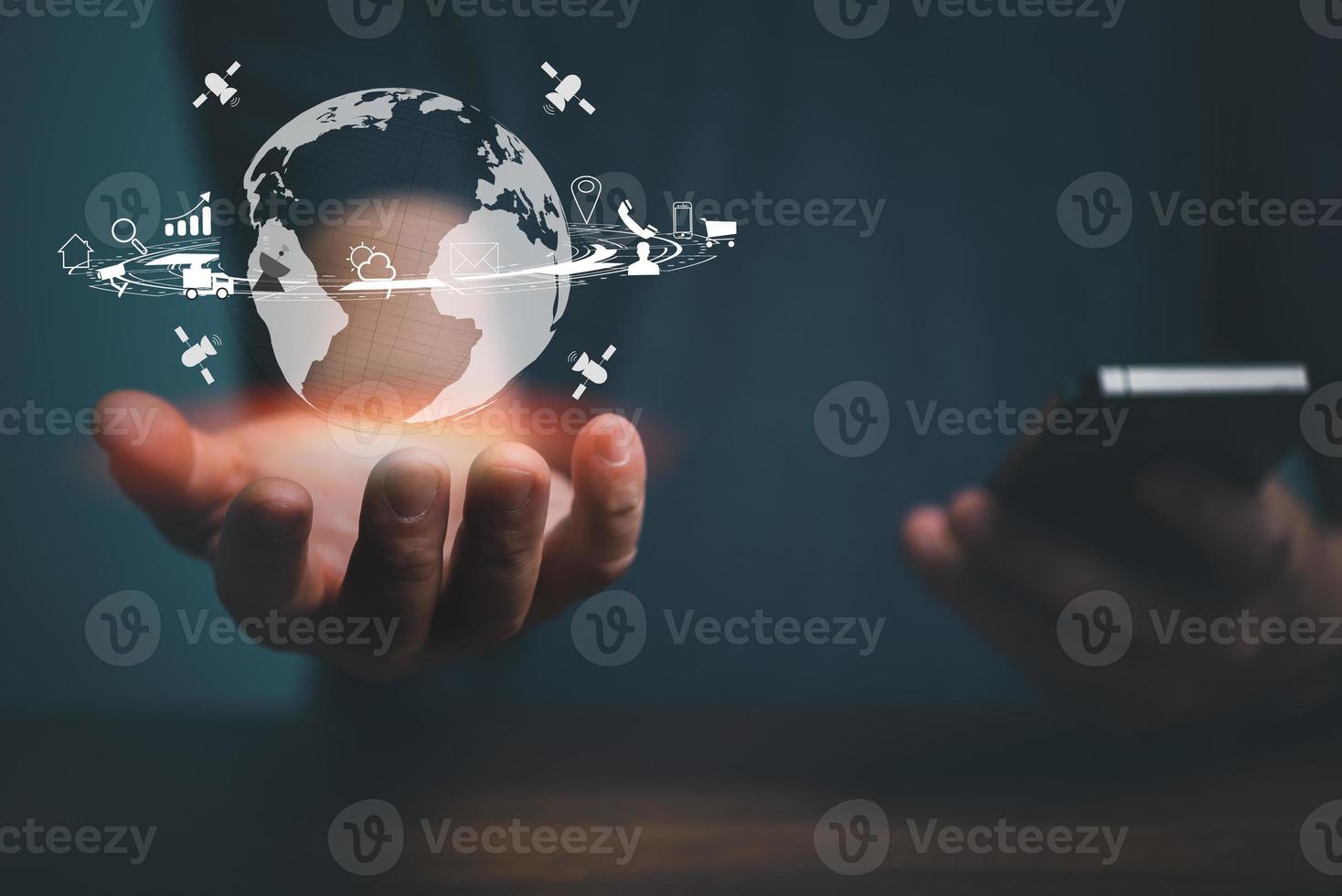 Man using mobile phone and holding Global network connection, Big data analytics and business intelligence, global business.Digital link technology. photo