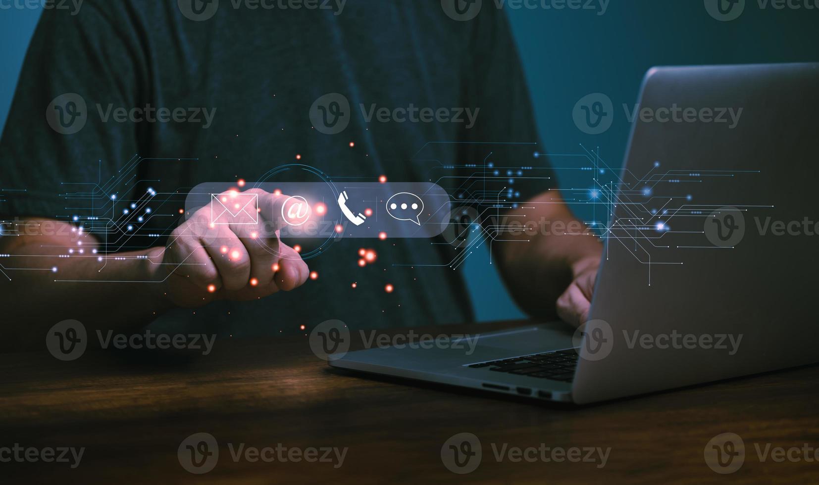 Customer service and information concept. Communication contact icon, E-mail, Phone number, Social media group, share location, address, Hand touching on virtual box, call us phone box from the desk. photo