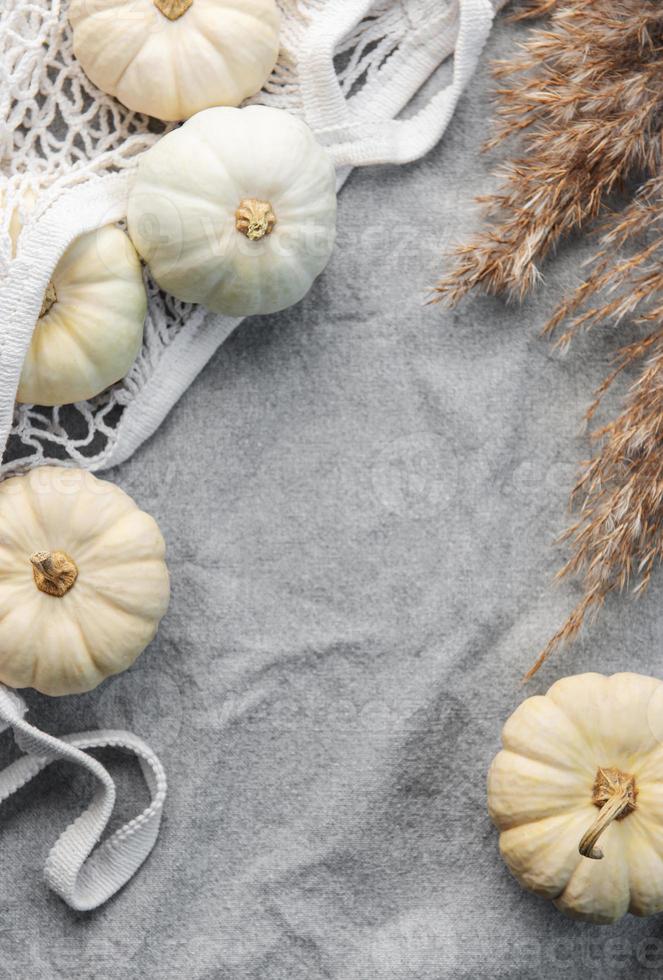 Thanksgiving or harvest flatlay with pumpkins on grey textile background. photo