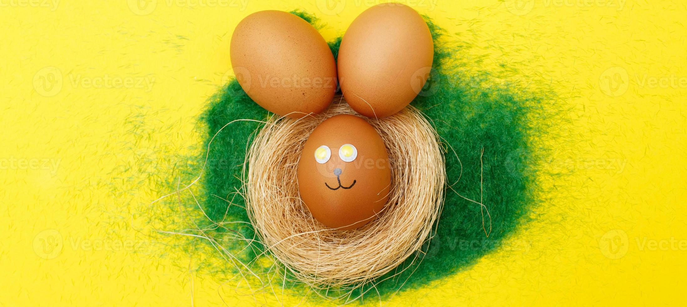 happy easter bunny eggs in nest on the decorative grass on yellow background. copy space for text. banner photo