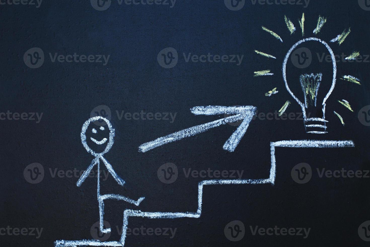 drawn man on the chalk board climbs up step by step to the top of career stairs. copy space photo