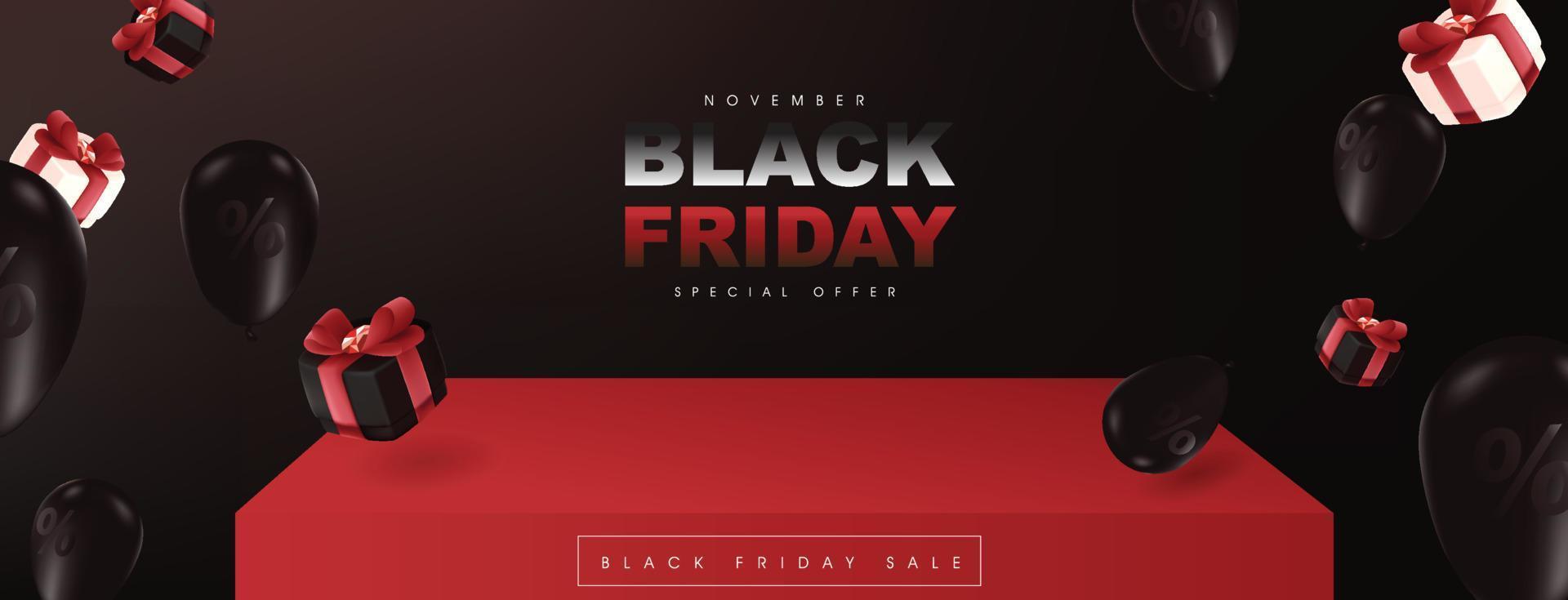 Black friday sale promotion banner layout design with product display table vector