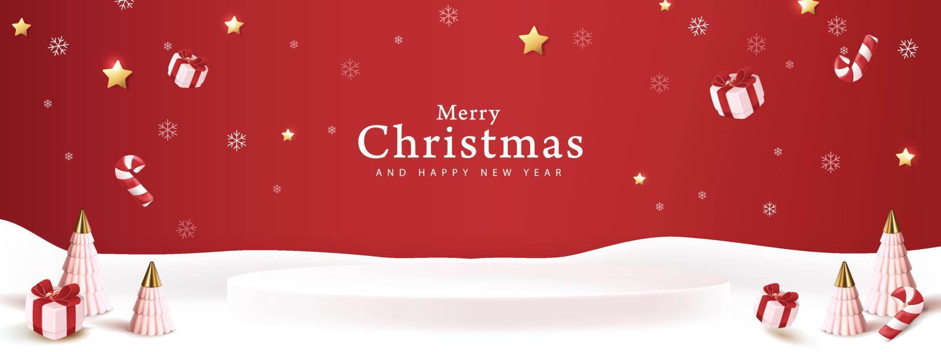 Merry Christmas banner winter landscape background and snow product display cylindrical shape vector