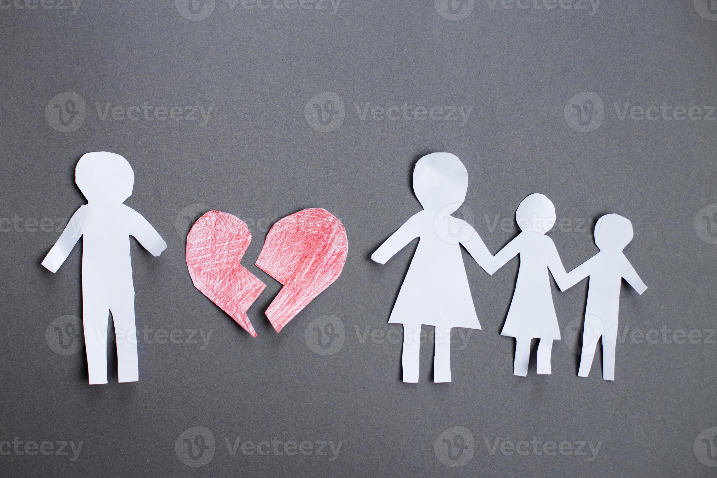 Paper chain cut family with broken heart on gray background. Divorce