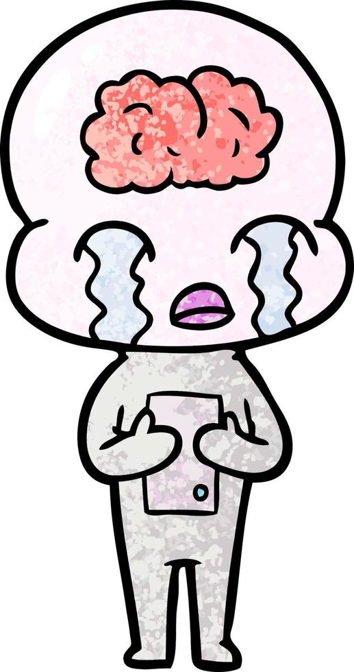 Retro grunge texture cartoon alien crying vector