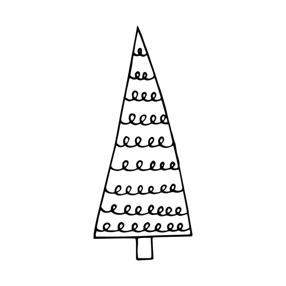 árbol de navidad dibujado a mano en estilo garabato. silueta, simple, minimalismo, monocromo, escandinavo. pegatina, icono de decoración de año nuevo vector