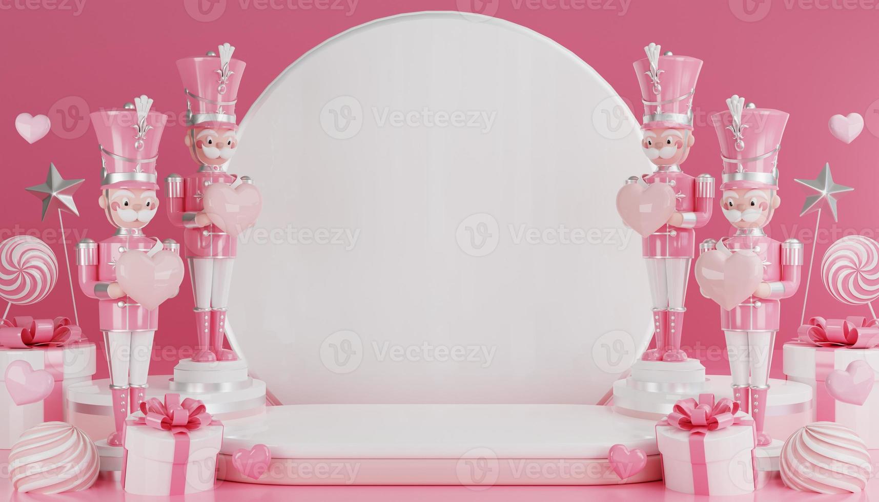 3d render valentine's day with pink podium display for product in love and heart with cylinder podium stand to show cosmetic product on background. photo