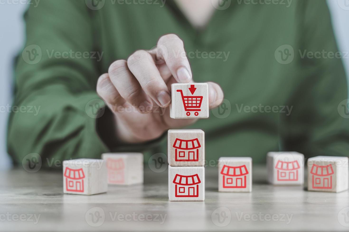 shopping online and payment concept cube wood show to access online shopping via the Internet system that is fresh and fast and can also conduct financial transactions. photo