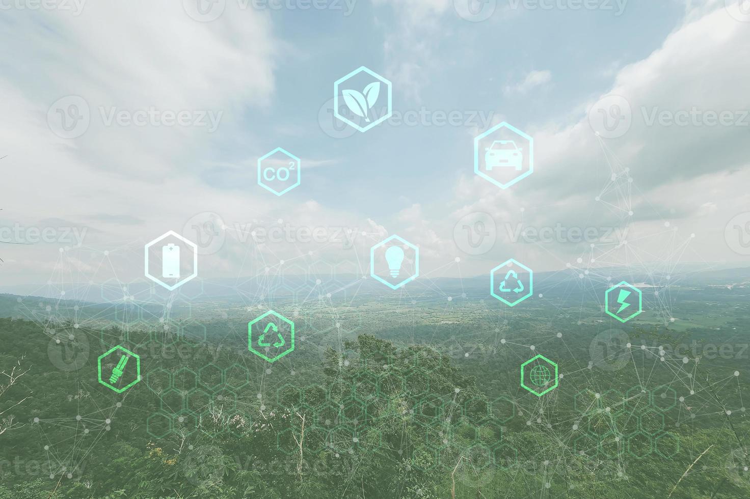 concepto de energía verde co2 y medio ambiente que muestra iconos que representan el uso económico de la energía usa energía pura, reduce las emisiones de dióxido de carbono. para un futuro mejor y seguro. foto