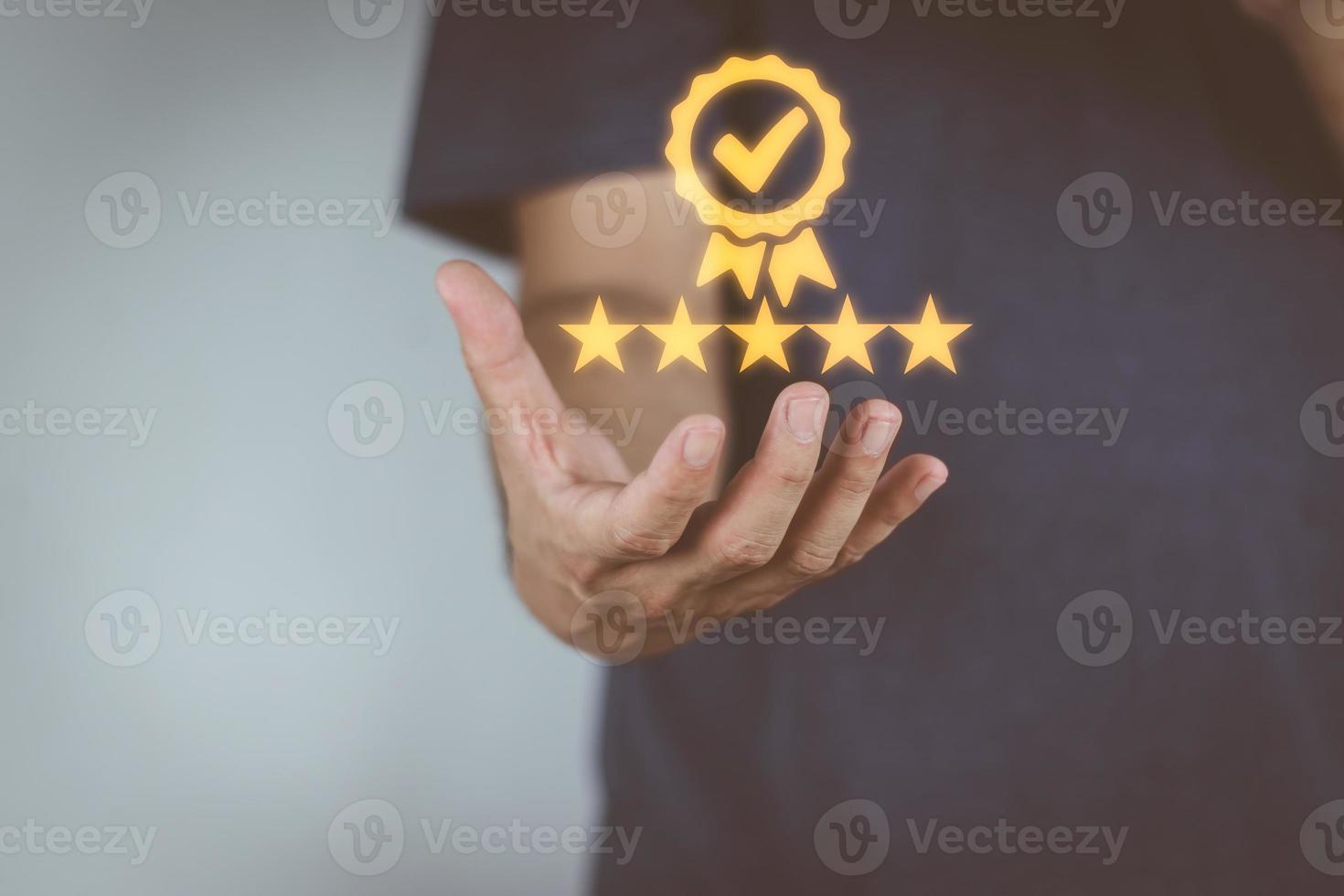 certification and quality concept a man hand aligned icon showing quality assurance certificate organization must have a certificate confidence in good service. create sdatisfaction for customers photo