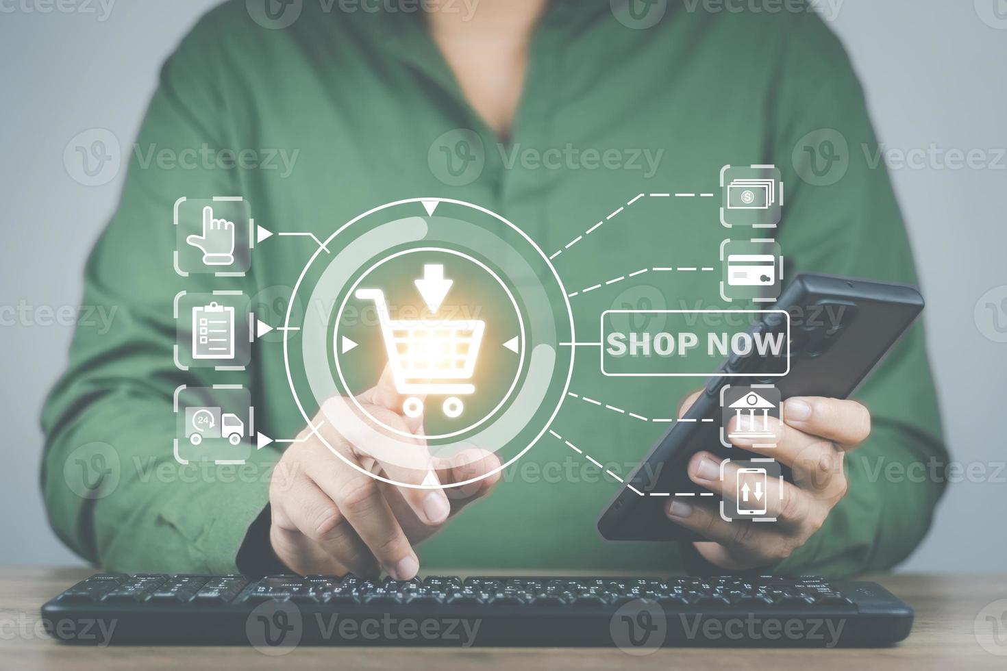 The idea of  an online shopping store, a man's hand is pressing a touchscreen that shows the online store page in case of ordering specify the shop name contact product and delivery details. photo