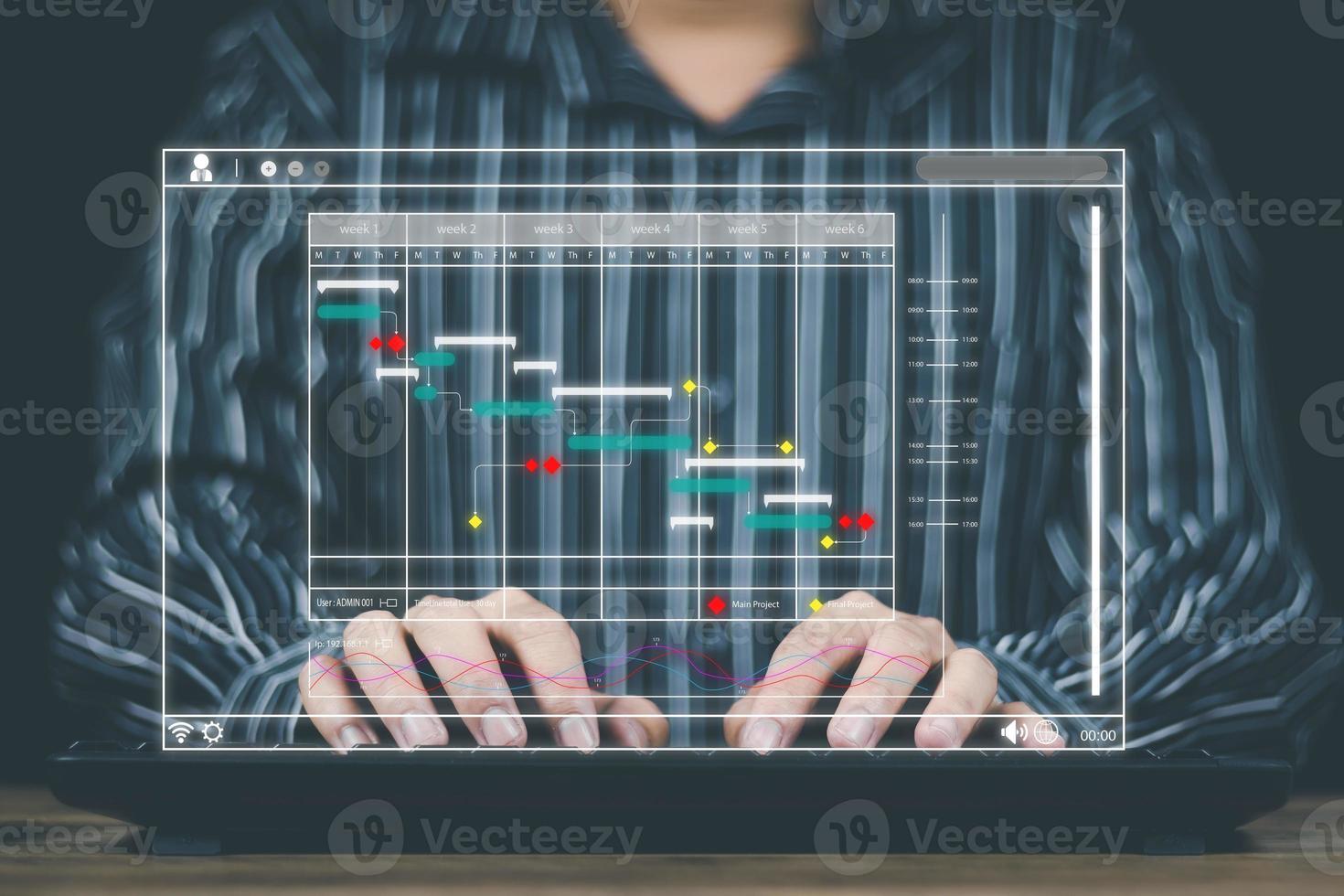 concepto de gestión de proyectos de flujo de trabajo proceso de señalización de manos de hombres y automatización de flujo de trabajo con diagrama de flujo. foto