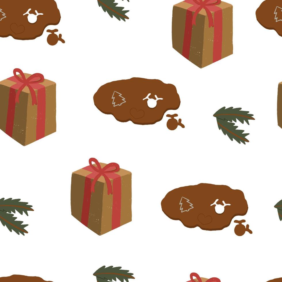 Christmas Seamless pattern with gingerbread, gift, christmas tree vector