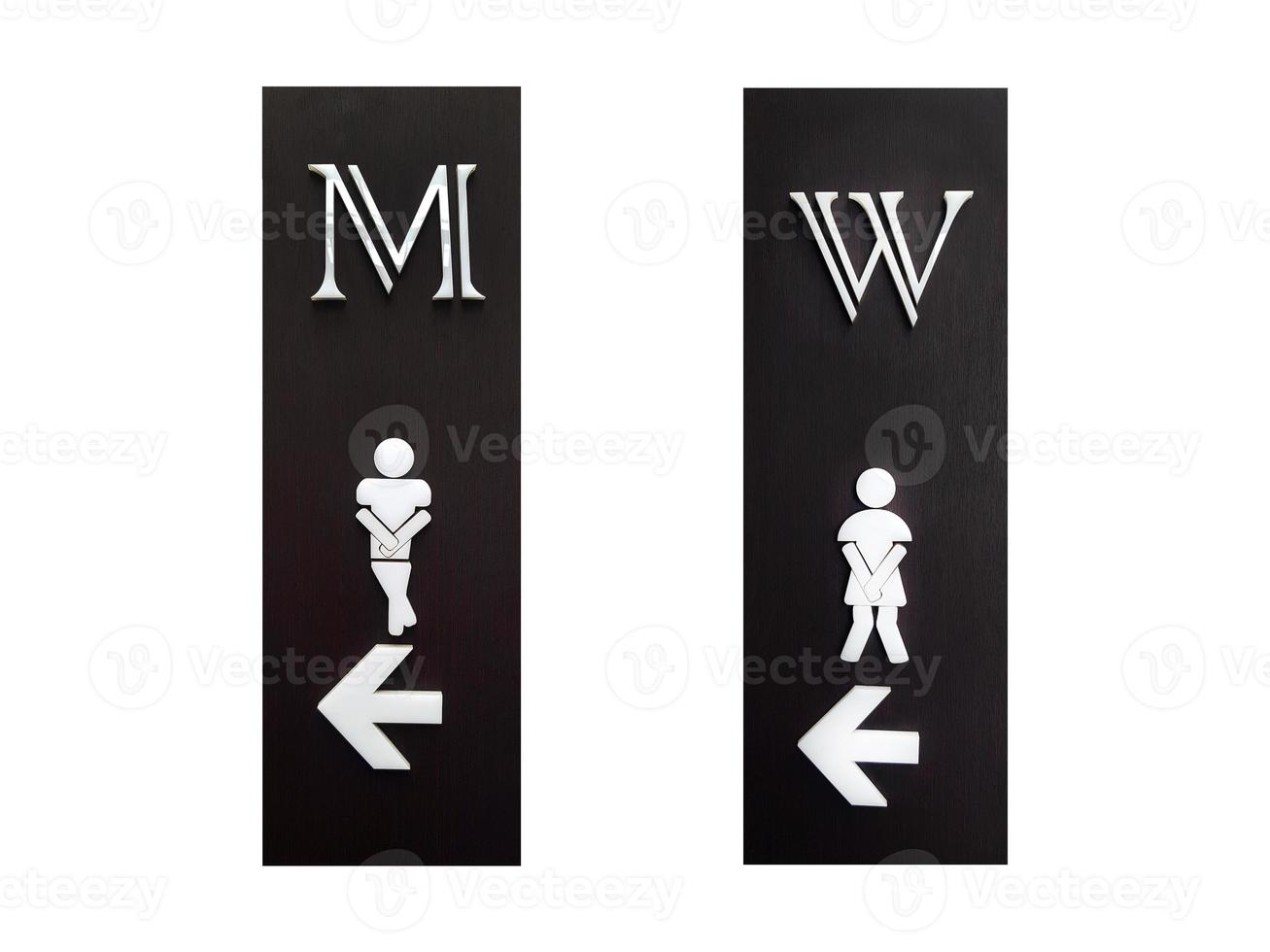 Black wooden of men and women's public toilet sign with direction go restroom or washroom isolated on white background with clipping path and make selection. Symbol or icon for give information. photo