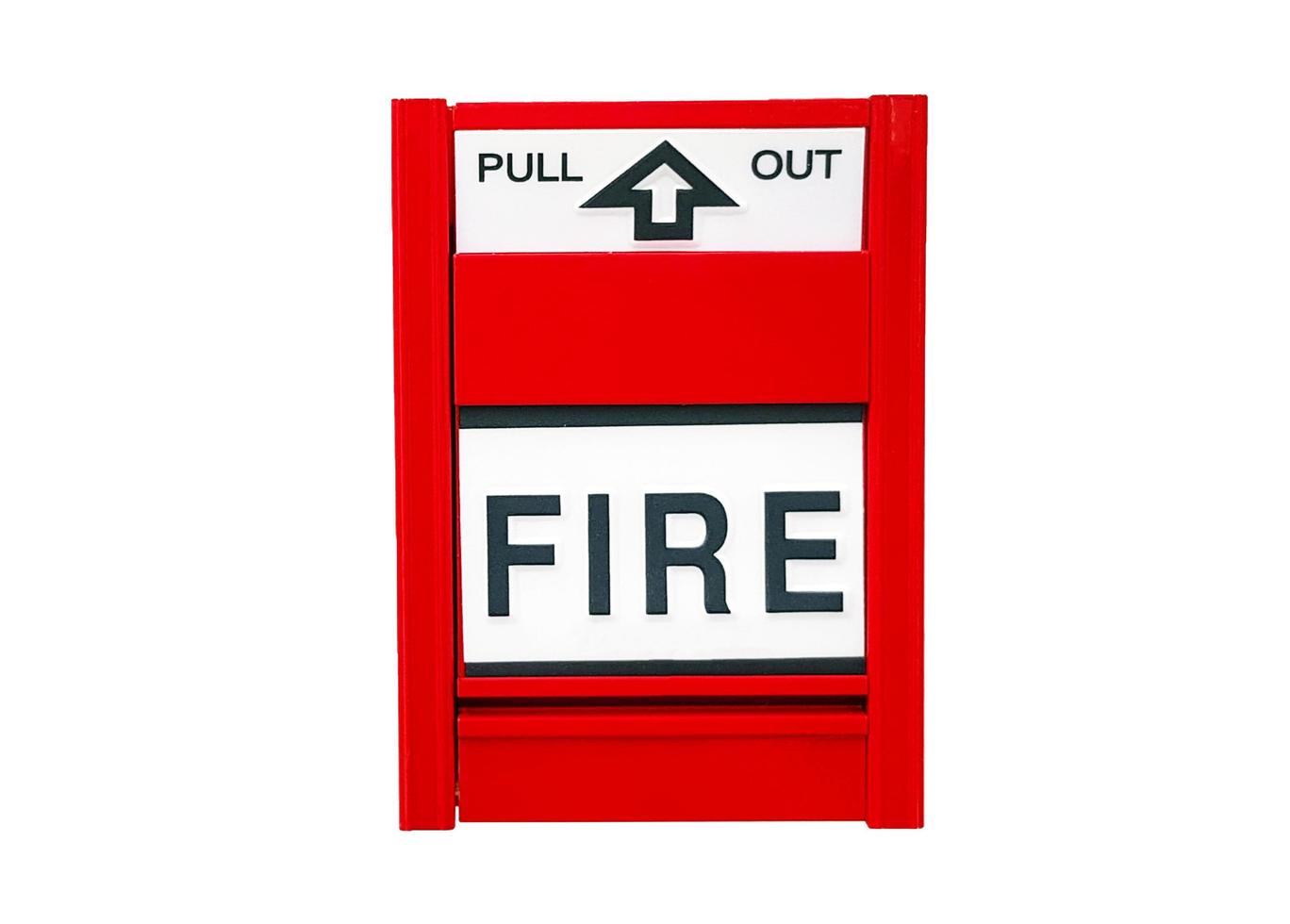 Fire alarm switch box isolated on white background with clipping path and make selection. Device or tool for pull out in case of fire and prevent emergency event and Protect concept photo