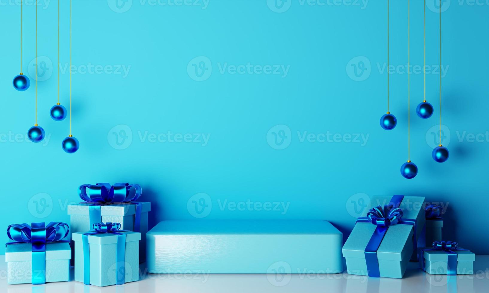 realistic 3d minimal blue podium and gift box with hanging decoration on blue wall. 3d rendering illustration photo