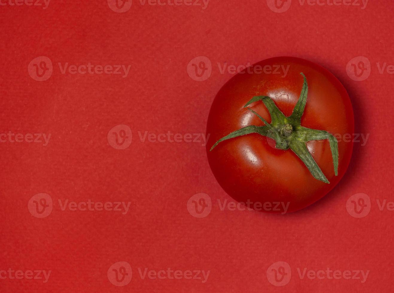 Tomato on colored paper. Greenhouse tomato on a red background. Bright  background. photo