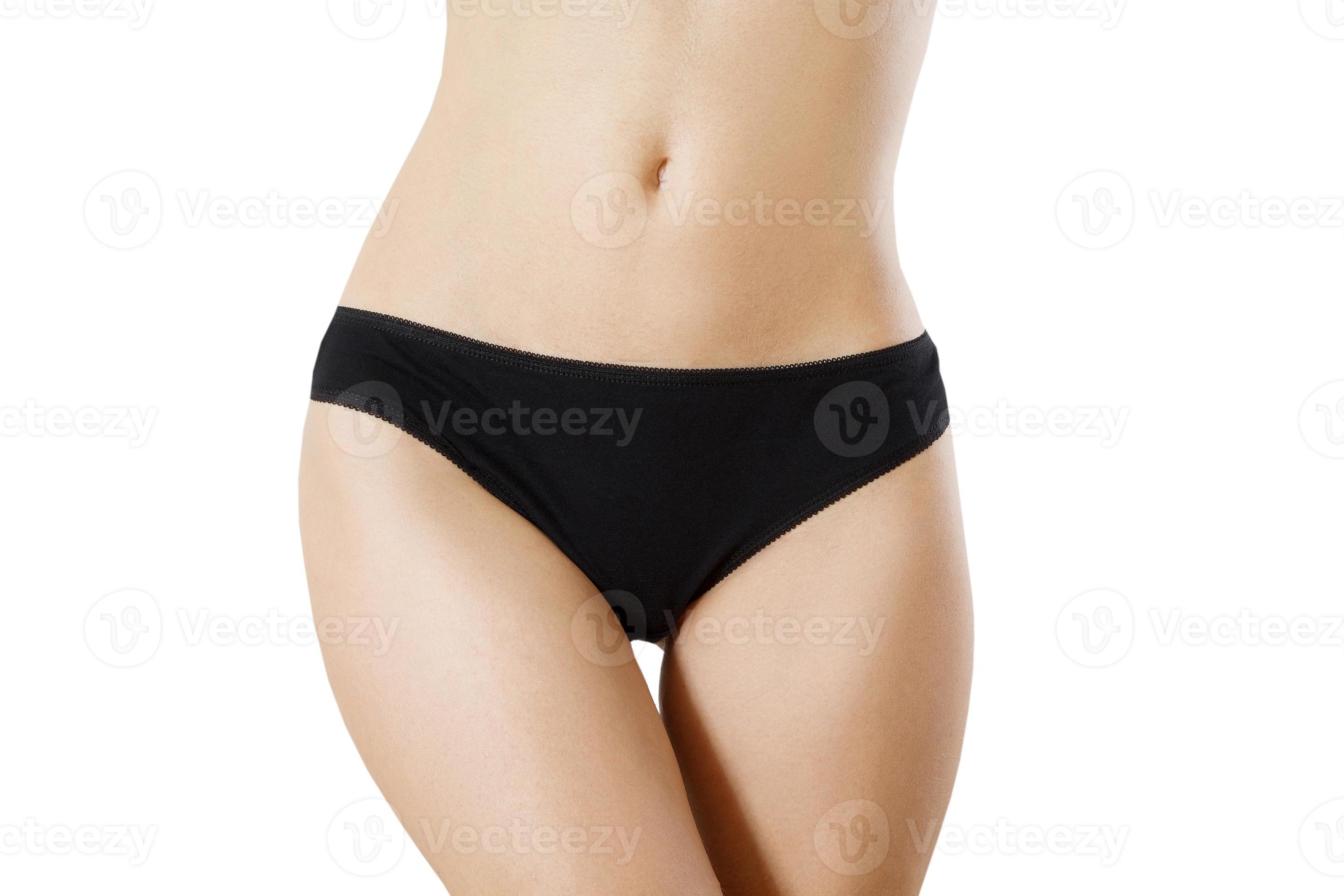 Template Black Blank Woman Panties. Close up female in underwear with copy  space isolated on white background. Skin care and bikini hair removal  concept. Shave bikini line. Mock up of women underpants