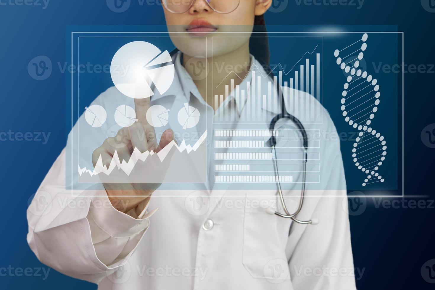 Doctor touching on virtual screen to analyze data, digital healthcare on modern interface. Medical technology and futuristic concept. photo