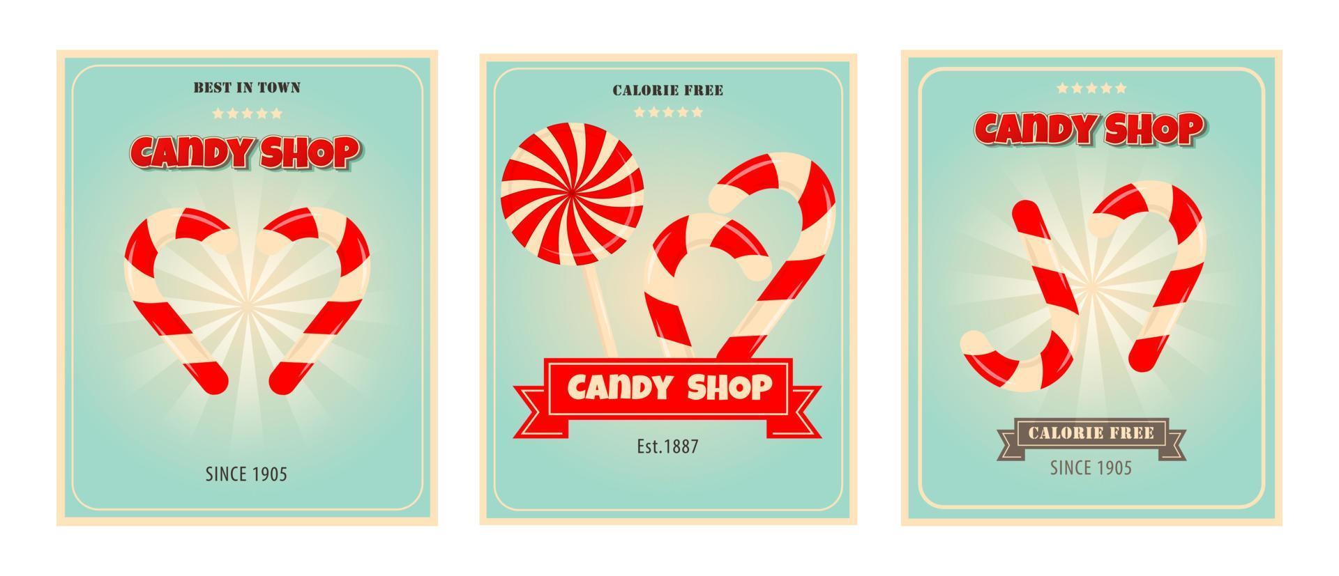 Retro poster design for candy shop set.  Candies vintage banner theme. Promotional banner for sweets, cakes and desserts. vector