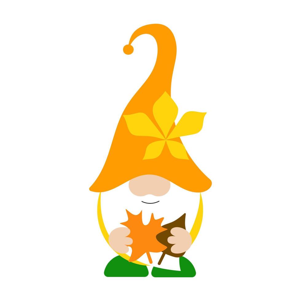 Cute fall gnome in a orange hat with leaves. Autumn decorative typography poster. Baby, t shirt design. Vector