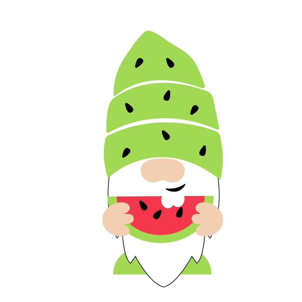Summer gnome. Cute gnome in a green cap holds a red watermelon in his hands. Cartoon style. Vector illustration. Baby  print design