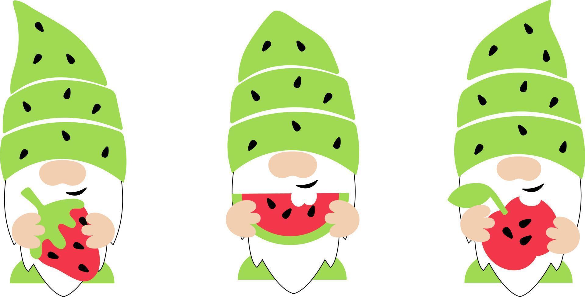 tres lindos gnomos con gorras verdes sostienen frutas en sus manos. ilustración vectorial de dibujos animados. vector