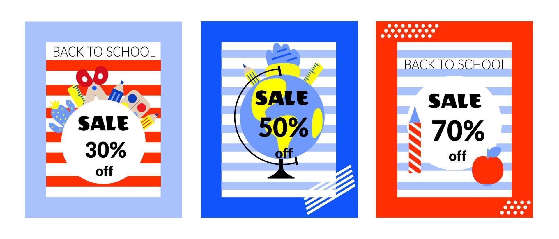 Back to school vector banners. Vertical background. Sale. Red and blue striped background  with education accessories element. Minimalist style, Vector illustration