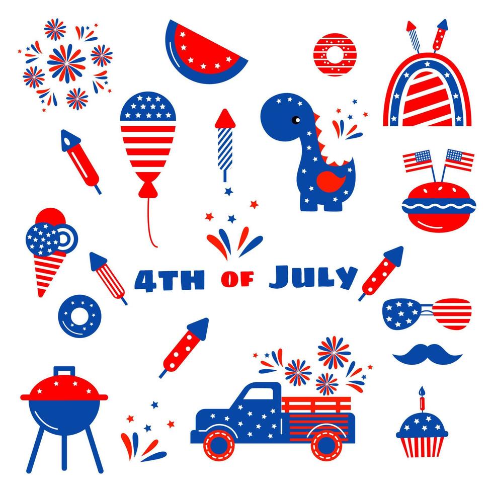 Independence day patriotic illustrations set. Cute vector prints for 4th of July. Independence day design elements in the colors of the US national flag.