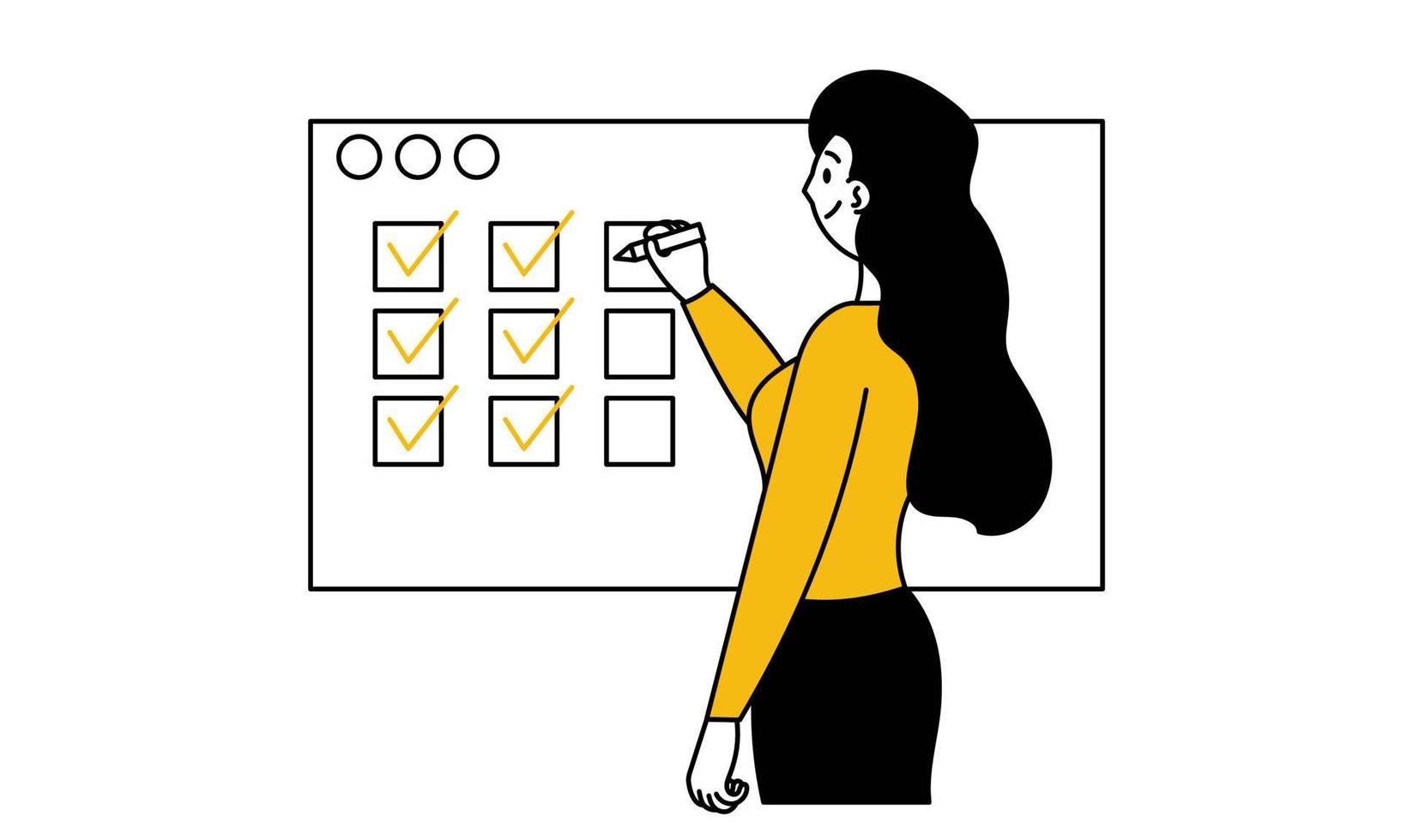Woman plan todo list and business checklist vector illustration concept. Office document management and task survey. Character with pencil and complete schedule. Female planner and organization job