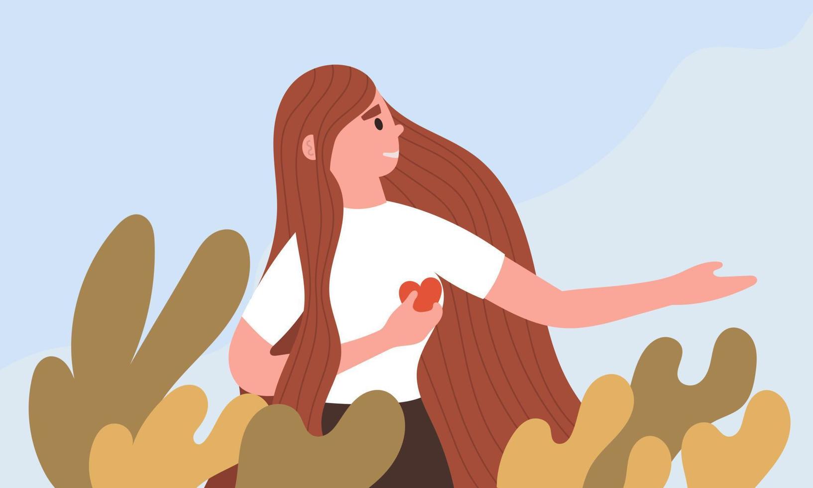 Woman holds a heart in her hands and harmony with herself and nature. Positive emotions and happy girl vector illustration. Female character care lifestyle and health yourself. Cartoon peace concept