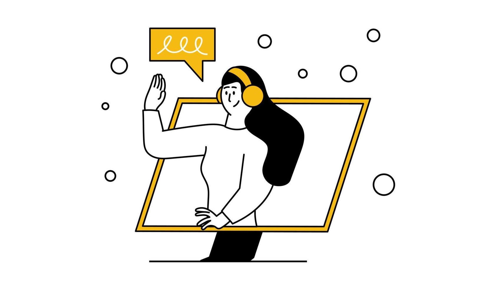 Woman and online support vector illustration. Business communication and call service help. Computer chat with customer and center assistance client. Operator with headset and hotline network talking