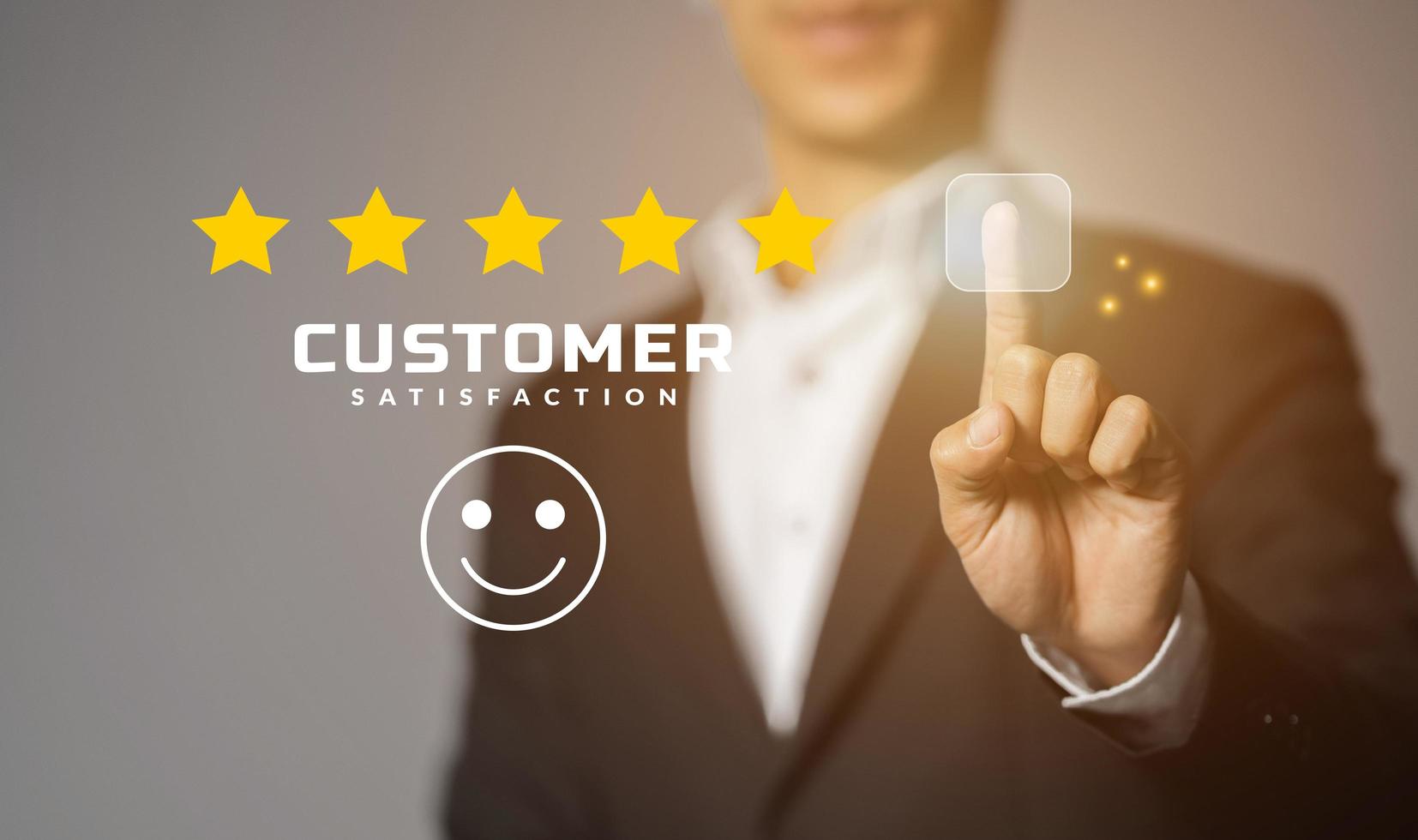 Businessman giving rating with hand touching virtual screen, Customer Experience concept, Customer service and satisfaction feedback concept. photo
