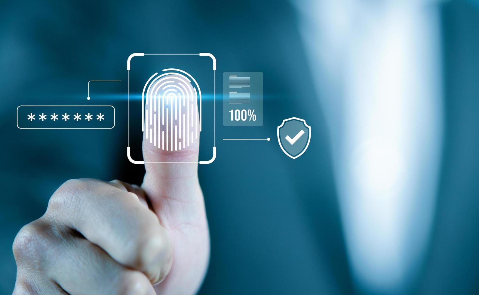 Businessman Fingerprint scan provides security access with biometrics identification, Concept of Future Business Safety technology and cybernetics. photo