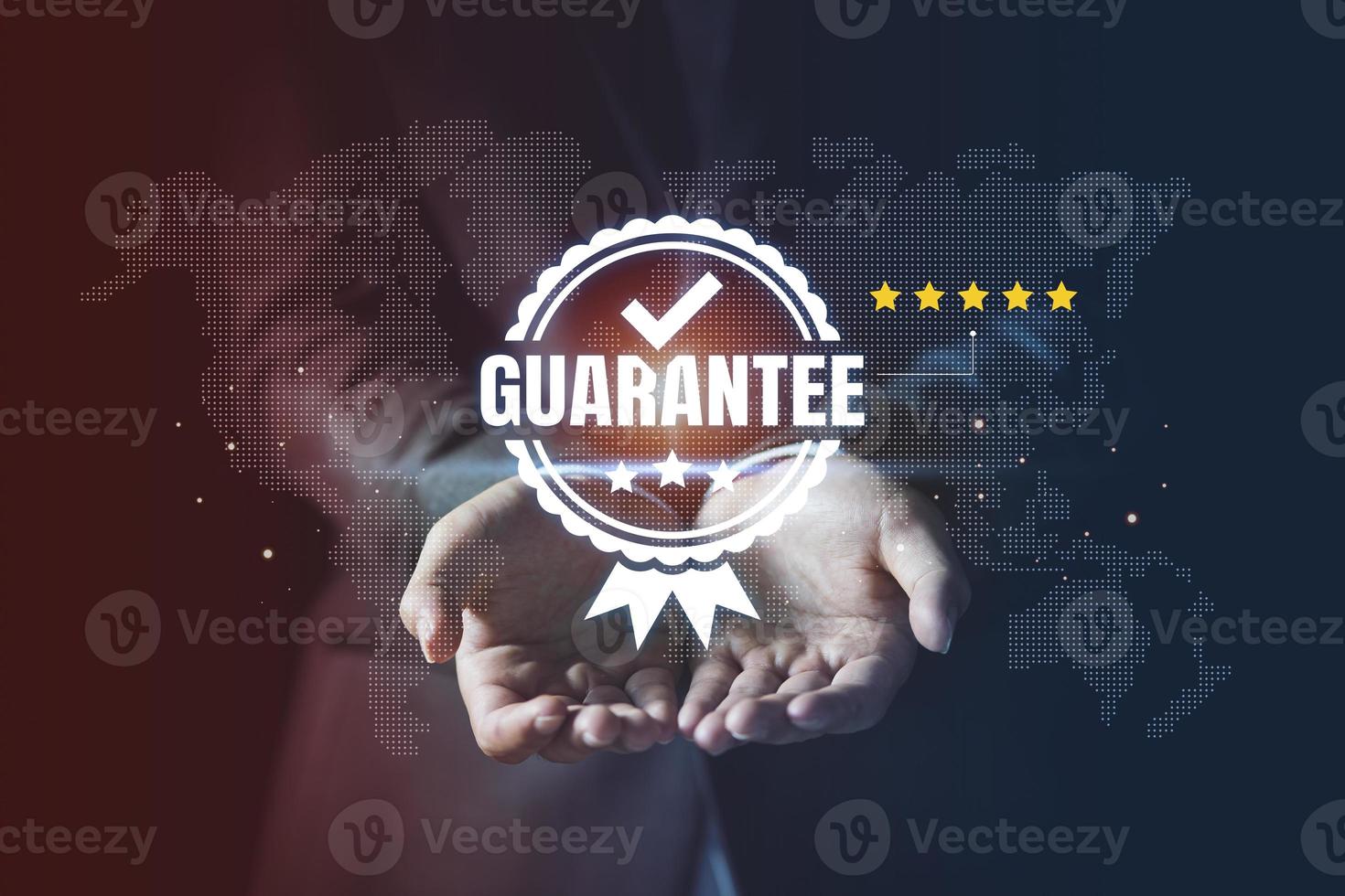 Businessman showing virtual guarantee symbol background, Standard quality control certification assurance guarantee concept. Hands giving the best quality of product and service to customer photo