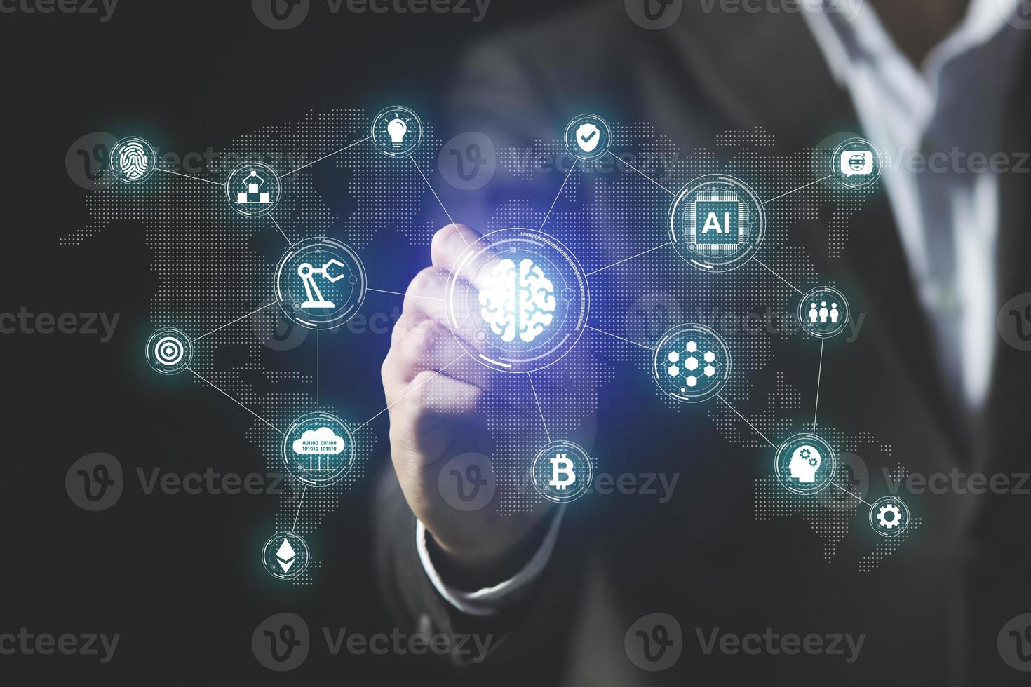 Businessman pointing brain icon on virtual screen, 4.0 Industry Futuristic businesss Ideas concept. Robotics and digital manufacturing operation industrial technology with network connection. photo