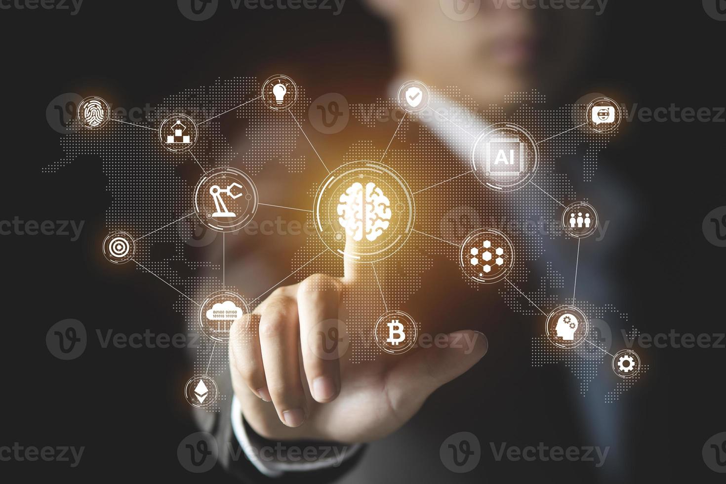 Businessman pointing brain icon on virtual screen, 4.0 Industry Futuristic businesss Ideas concept. Robotics and digital manufacturing operation industrial technology with network connection. photo