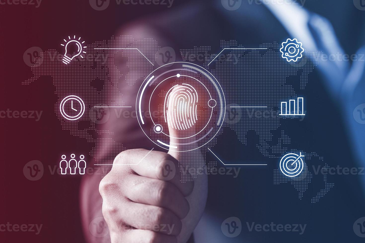 Businessman Fingerprint scan provides security access with biometrics identification, Concept of Future Business Safety technology and cybernetics. photo