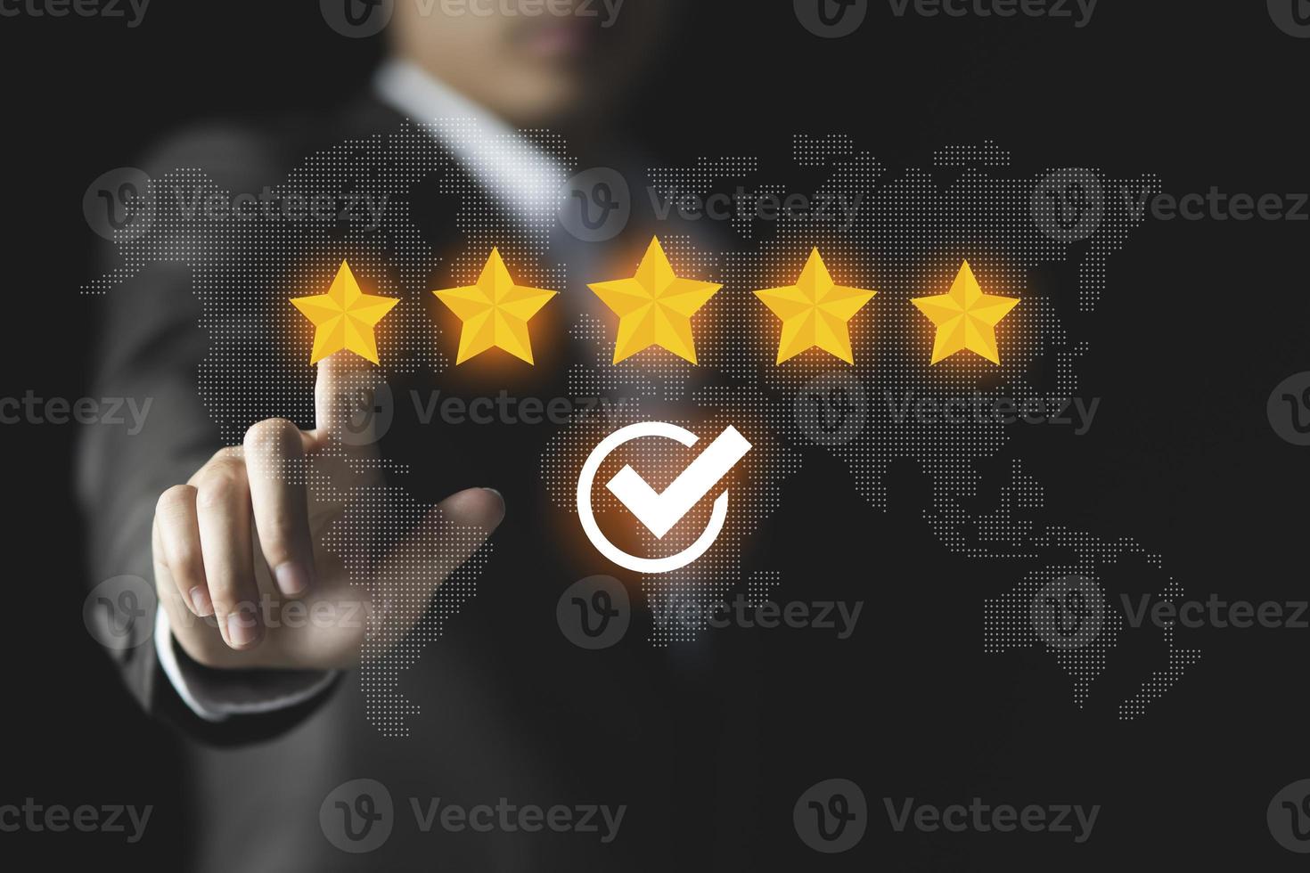 Businessman give rating to service experience, User Experience concept, Customer review satisfaction feedback survey, Customer giving a Five Star to business ranking photo