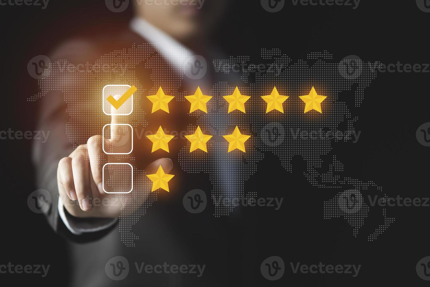 Businessman give rating to service experience, User Experience concept, Customer review satisfaction feedback survey, Customer giving a Five Star to business ranking photo