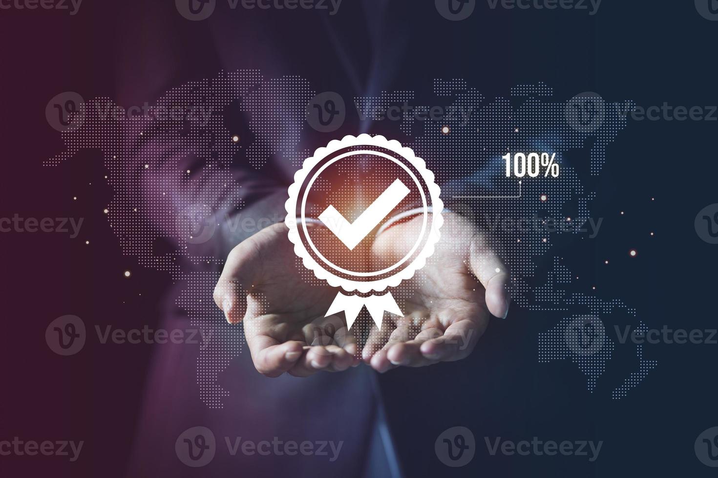 Businessman showing virtual guarantee symbol background, Standard quality control certification assurance guarantee concept. Hands giving the best quality of product and service to customer photo