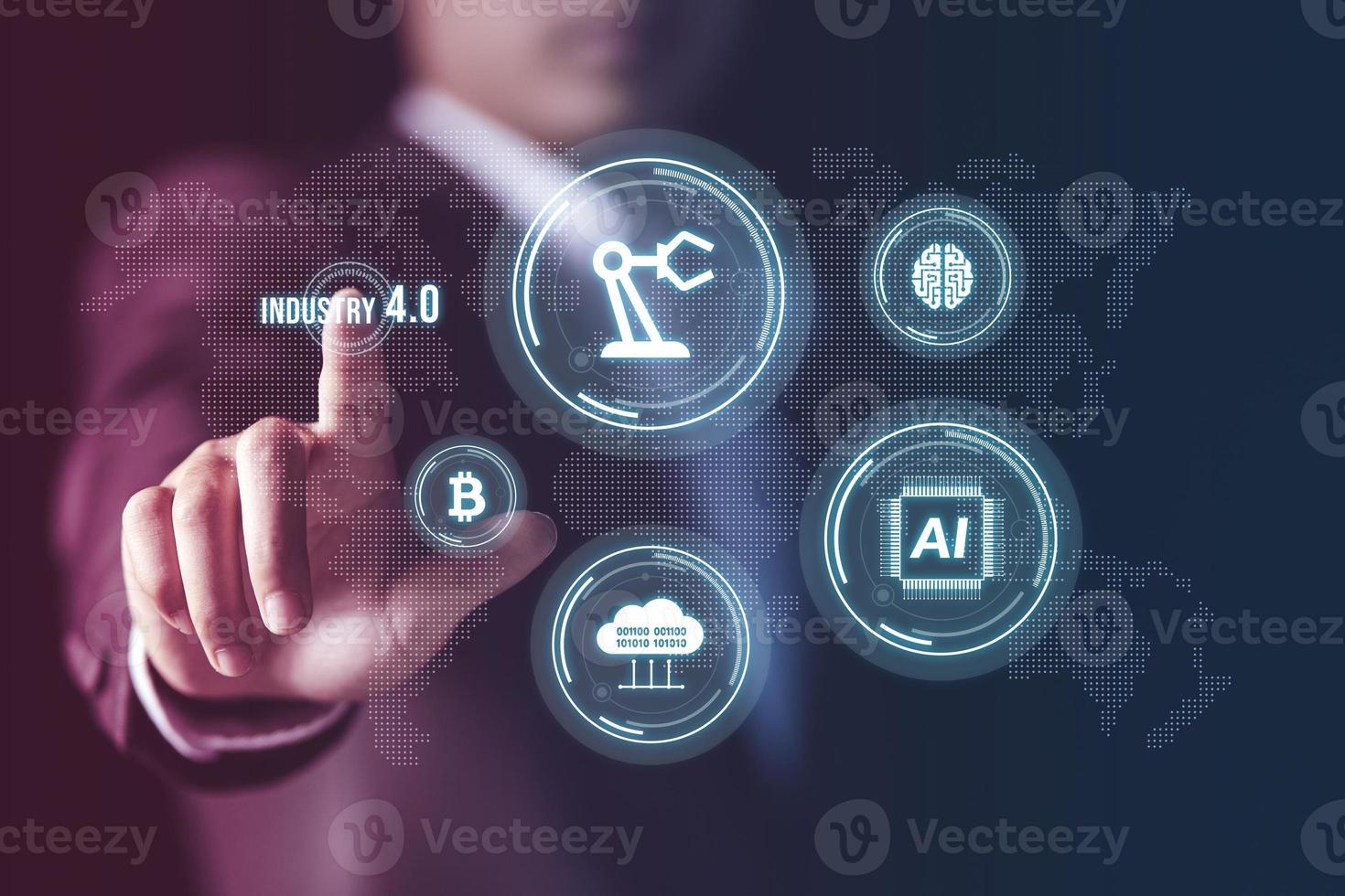 Businessman showing virtual industry 4.0 concept, IoT, automation monitoring system. Robotics and digital manufacturing operation industrial technology, Global futuristic automatic technology concept. photo