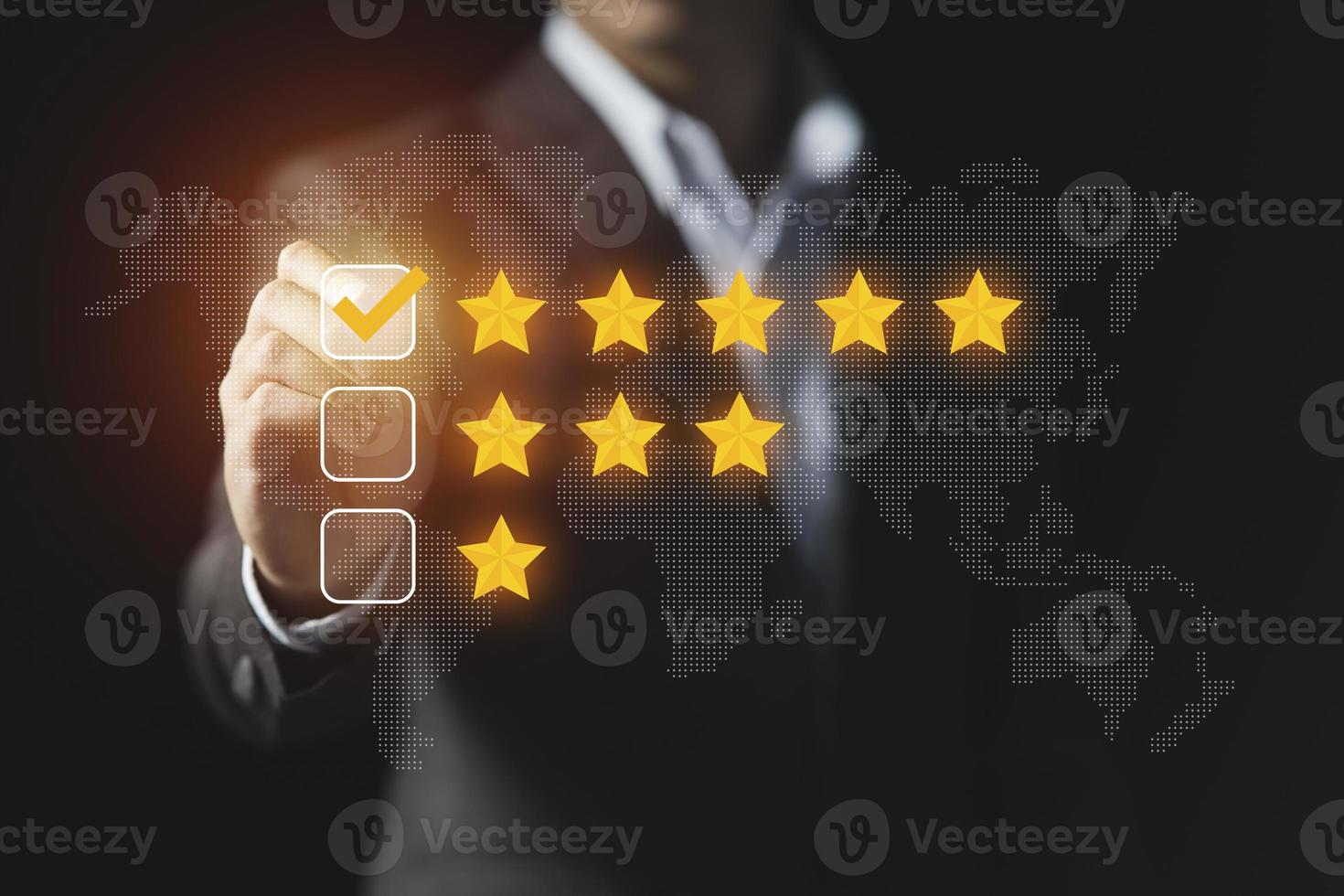 Businessman give rating to service experience, User Experience concept, Customer review satisfaction feedback survey, Customer giving a Five Star to business ranking photo