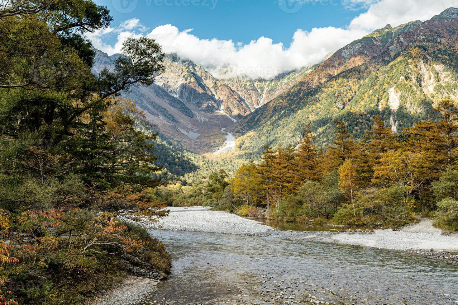 Kamikochi's hiking trail that walks through a nature trail in the heart of the Japanese mountains with the beauty of pines and mature trees changing their colors in the fall. photo